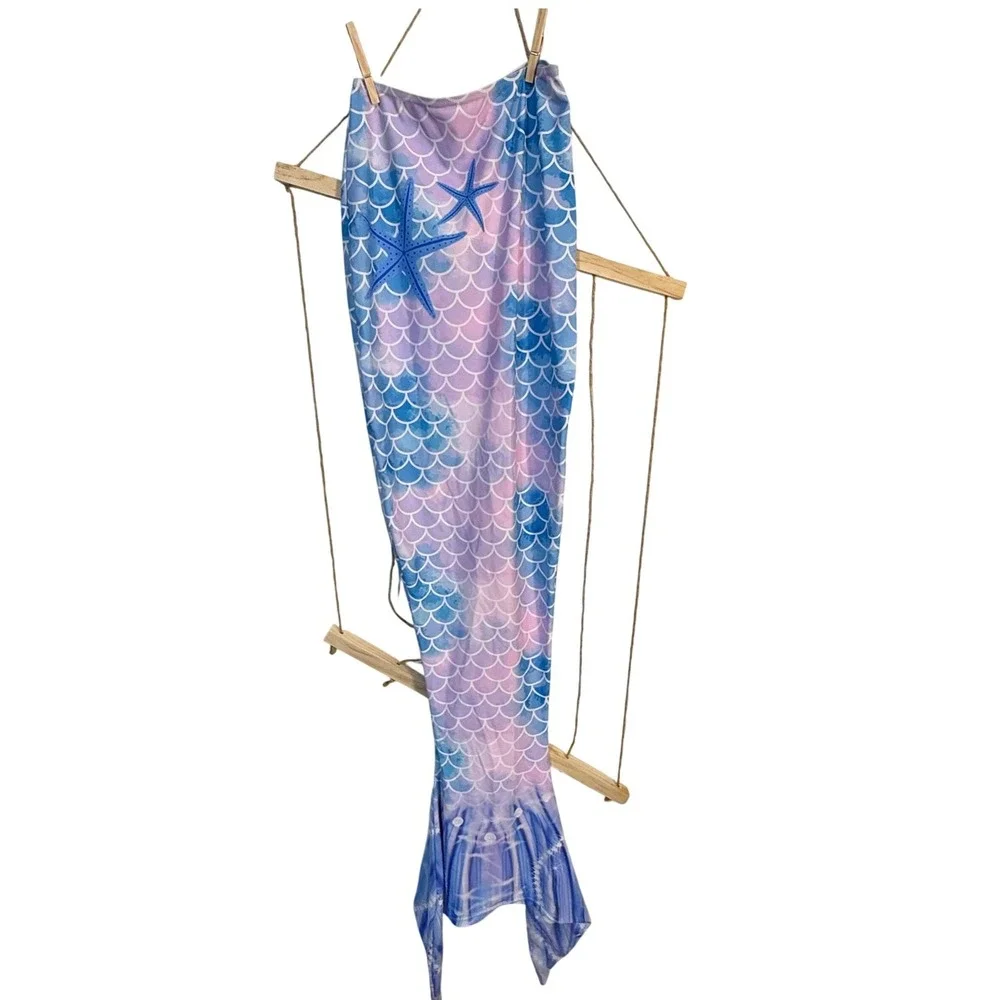Kids Mermaid Tail Costume Skirt Blue Pink Purple Scale Print Starfish Starburst